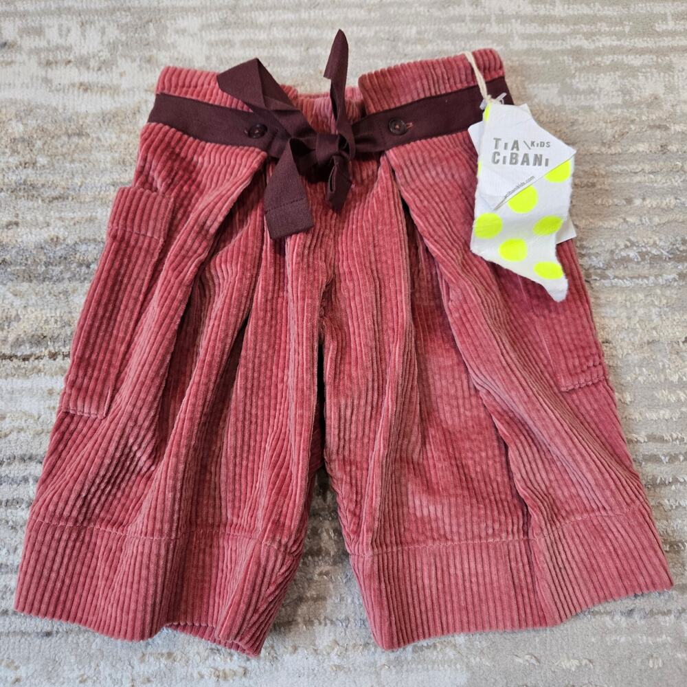 NWT Tia Cibani Pleated Paperbag Cropped Trousers‎ Pants Bow Belted Pink Corduroy